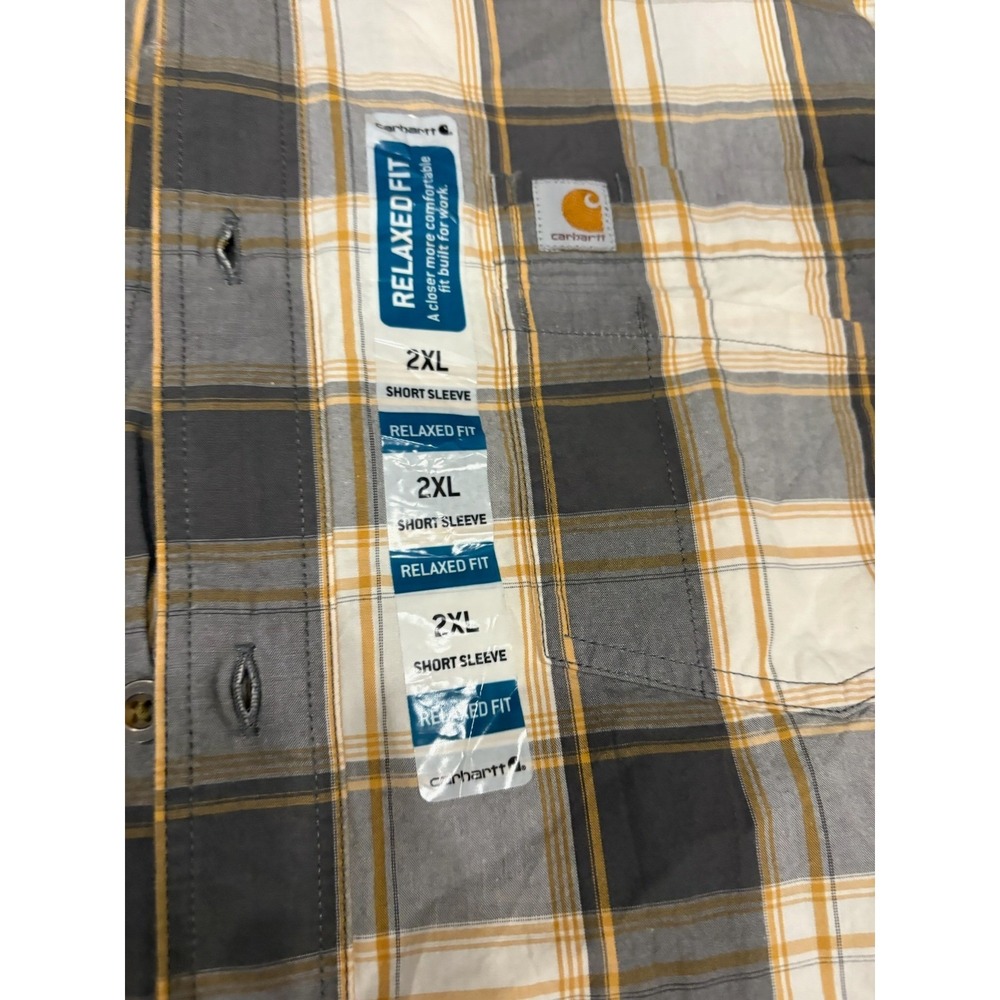Carhartt Mens shirt 2x Relaxed Fit Plaid Short Sleeve Button Down Grey/yellow - Picture 3 of 5